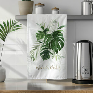 Watercolor Tropical Leaves Greenery Personalized Kitchen Towel