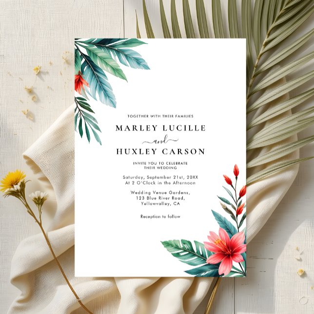 Watercolor Tropical Leaves Greenery Summer Wedding Invitation (Creator Uploaded)