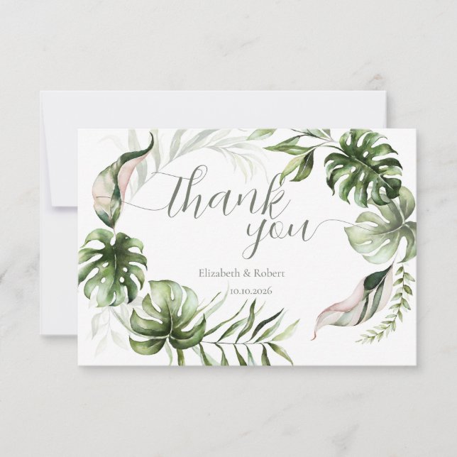 Watercolor Tropical Leaves Greenery  Thank You Card (Front)