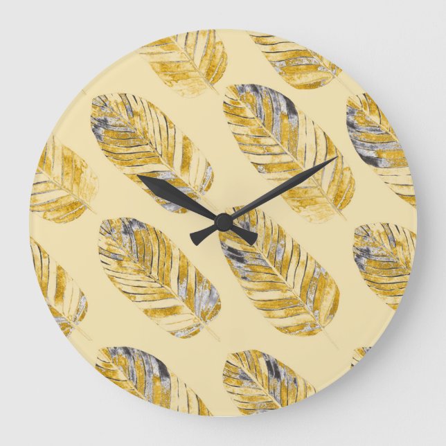 Watercolor Tropical Leaves Modern Pattern Large Clock (Front)