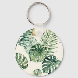 Watercolor Tropical Leaves Monstera Palm Pattern Keychain