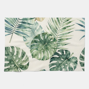 Watercolor Tropical Leaves Monstera Palm Pattern Kitchen Towel