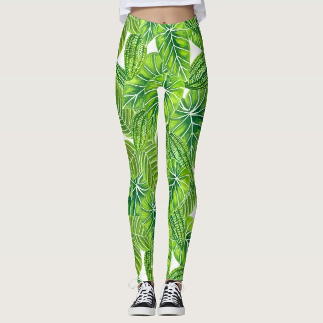 Watercolor tropical leaves pattern design leggings (Front)