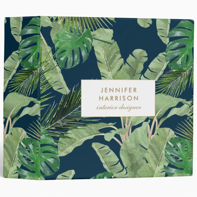 Watercolor Tropical Leaves Pattern on Dark Blue Binder (Front/Spine)