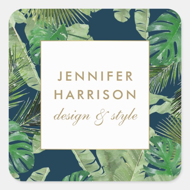 Watercolor Tropical Leaves Pattern on Dark Blue Square Sticker (Front)