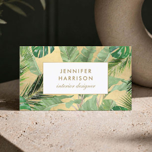 Watercolor Tropical Leaves Pattern on Faux Gold Business Card