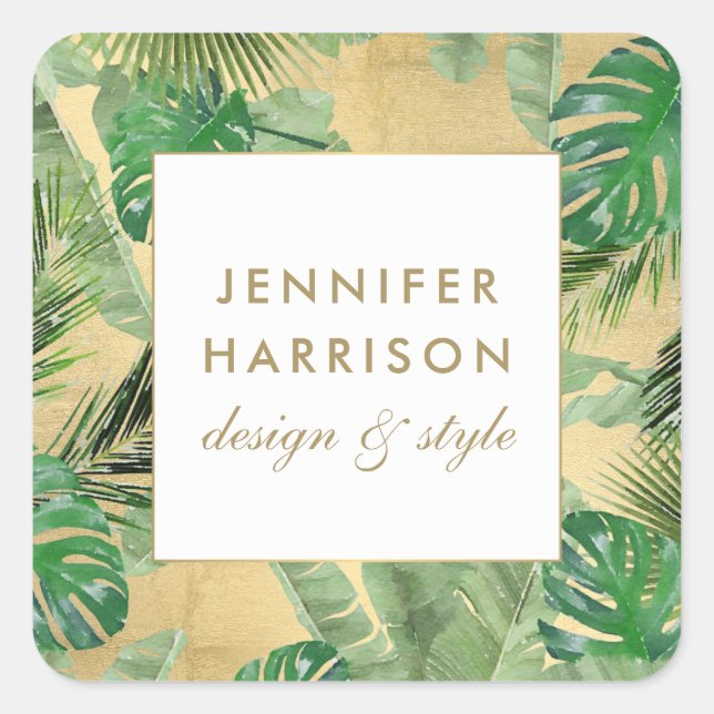 Watercolor Tropical Leaves Pattern on Faux Gold Square Sticker (Front)