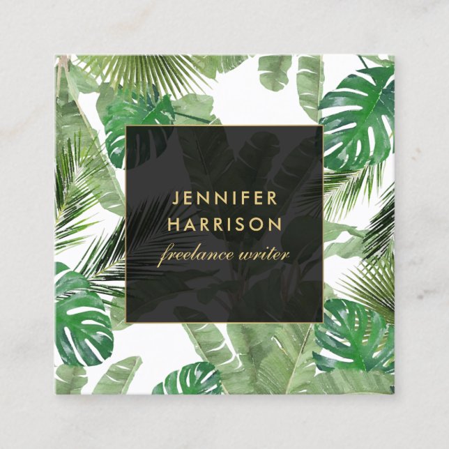 Watercolor Tropical Leaves Pattern on White Square Business Card (Front)