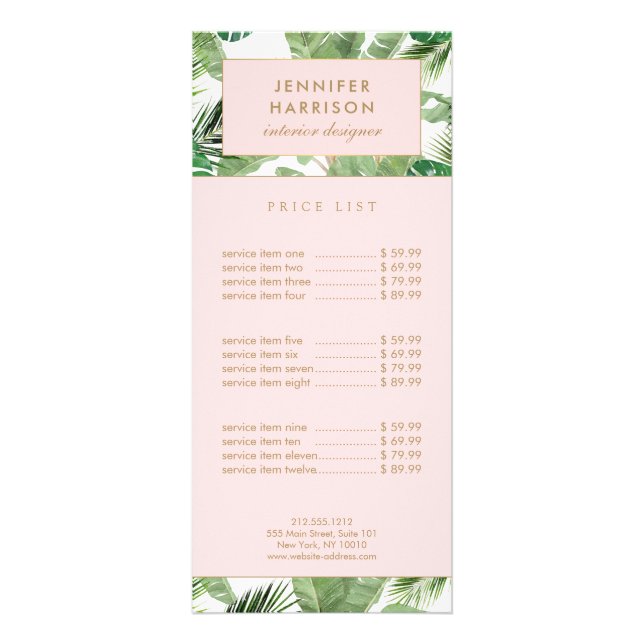 Watercolor Tropical Leaves Pattern Rack Card (Front)