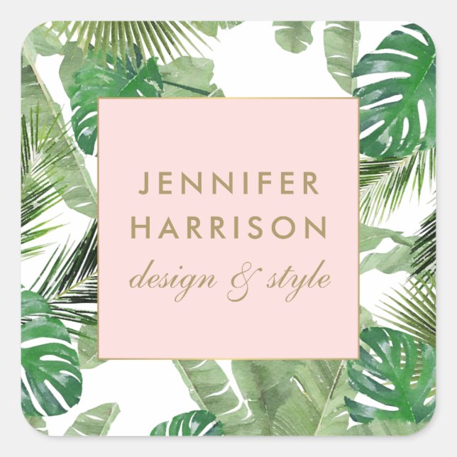 Watercolor Tropical Leaves Pattern Square Sticker (Front)