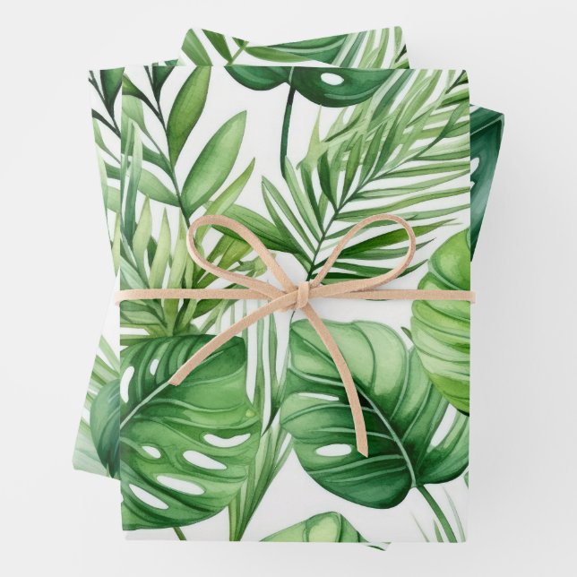 Watercolor Tropical Leaves  Pattern Wrapping Paper Sheet (In situ)