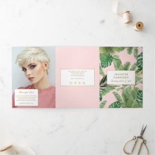 Watercolor Tropical Leaves Pink Salon Brochure