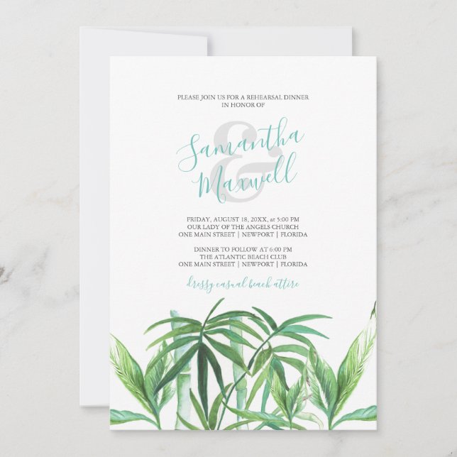 Watercolor Tropical Leaves Rehearsal Dinner Invite (Front)