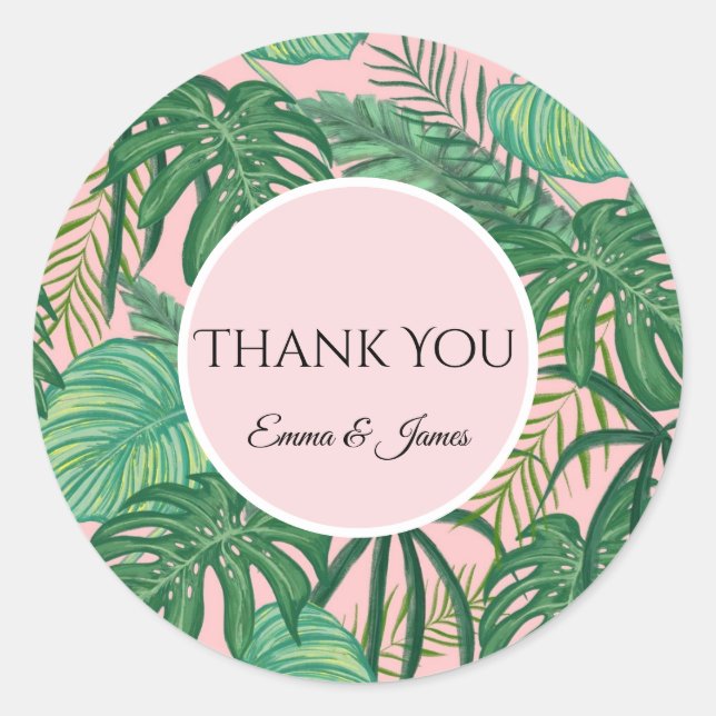 Watercolor Tropical Leaves Thank You Sticker (Front)