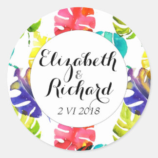 Watercolor Tropical Leaves wedding  monogram Classic Round Sticker