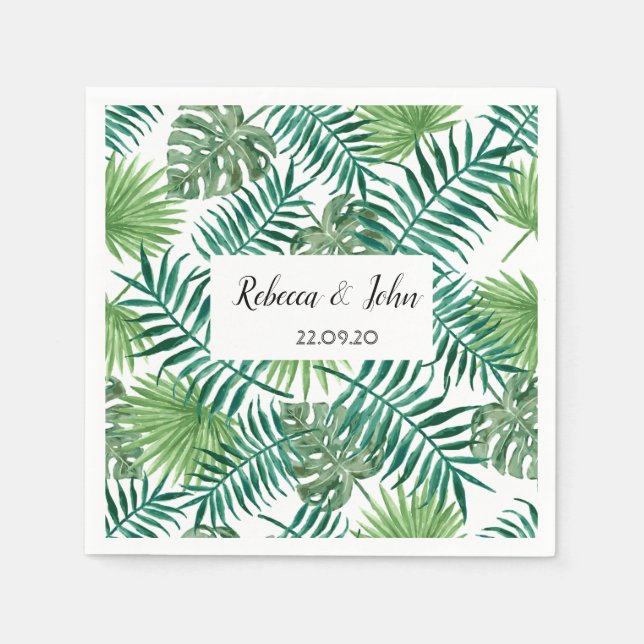 Watercolor Tropical Leaves Wedding Paper Napkin (Front)