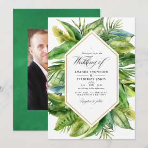 Watercolor Tropical Leaves Wedding Photo Invitation