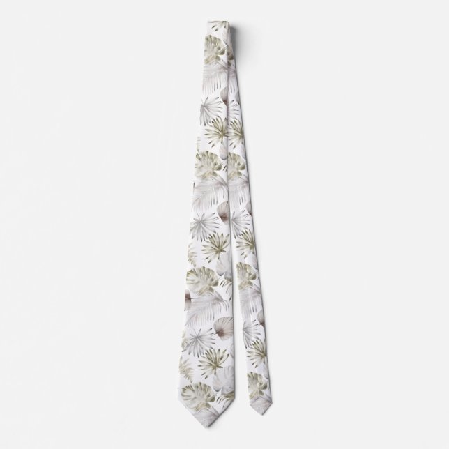 Watercolor Tropical Leaves White Wedding  Tie (Front)