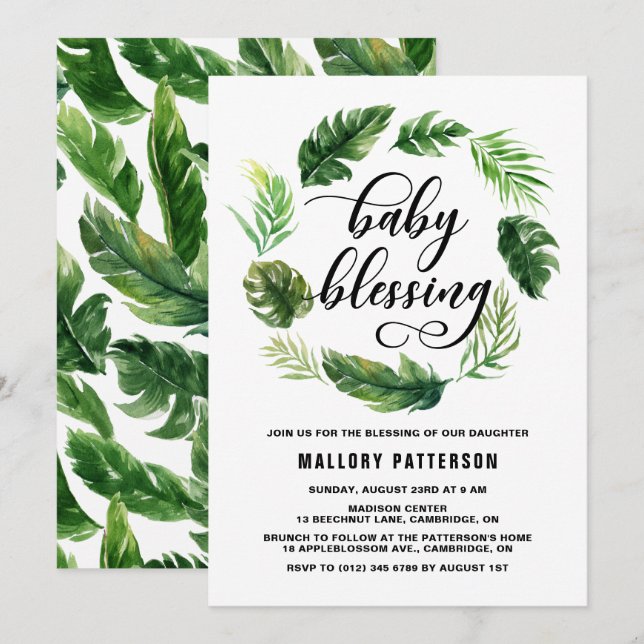 Watercolor Tropical Leaves Wreath Baby Blessing Invitation (Front/Back)