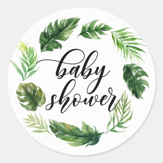 Watercolor Tropical Leaves Wreath Baby Shower Classic Round Sticker