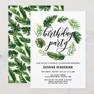 Watercolor Tropical Leaves Wreath Birthday Party Invitation