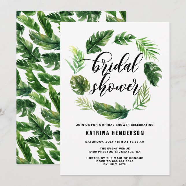 Watercolor Tropical Leaves Wreath Bridal Shower Invitation (Front/Back)