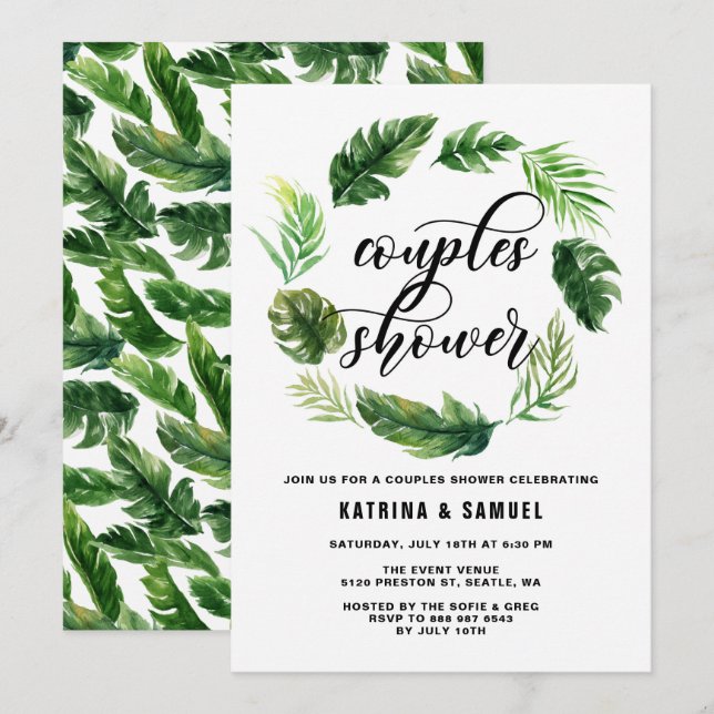 Watercolor Tropical Leaves Wreath Couples Shower Invitation (Front/Back)