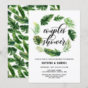 Watercolor Tropical Leaves Wreath Couples Shower Invitation