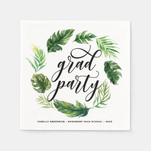 Watercolor Tropical Leaves Wreath Graduation Party Napkin