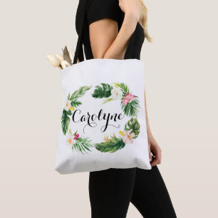 Watercolor Tropical Leaves Wreath Personalized Tote Bag