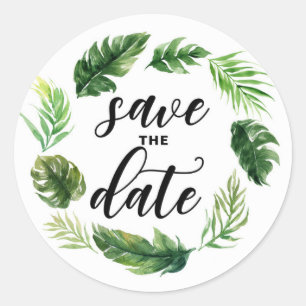 Watercolor Tropical Leaves Wreath Save The Date Classic Round Sticker