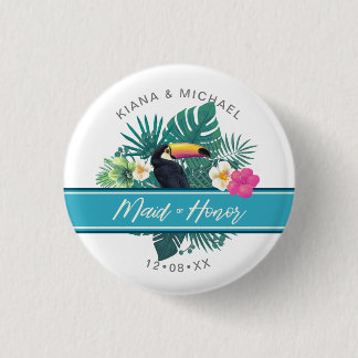 Watercolor Tropical Maid of Honour Teal ID577 1 Inch Round Button