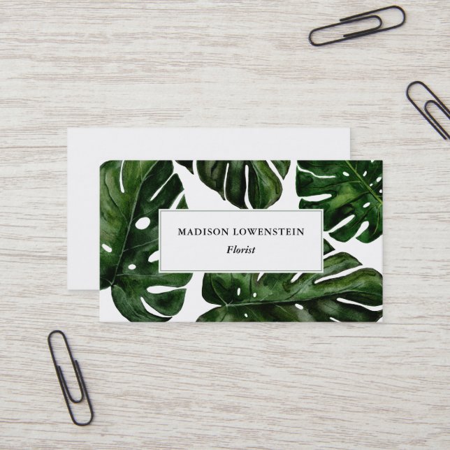 Watercolor Tropical Monstera Leaves Botanical Business Card (Front/Back In Situ)