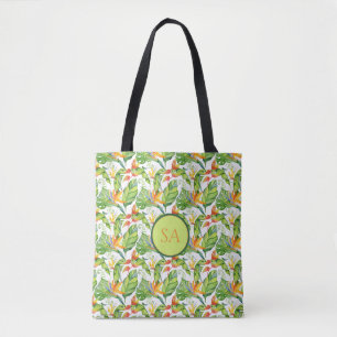 Watercolor Tropical Monstera Leaves Monogrammed Tote Bag