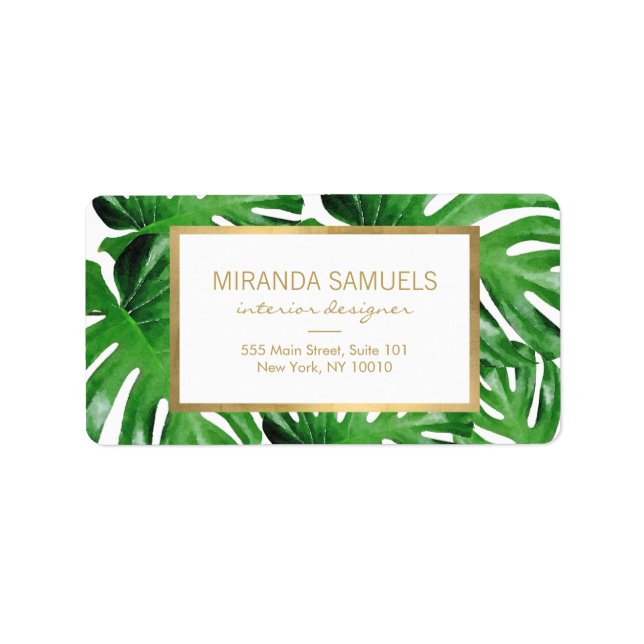 Watercolor Tropical Monstera Leaves Pattern Label (Front)