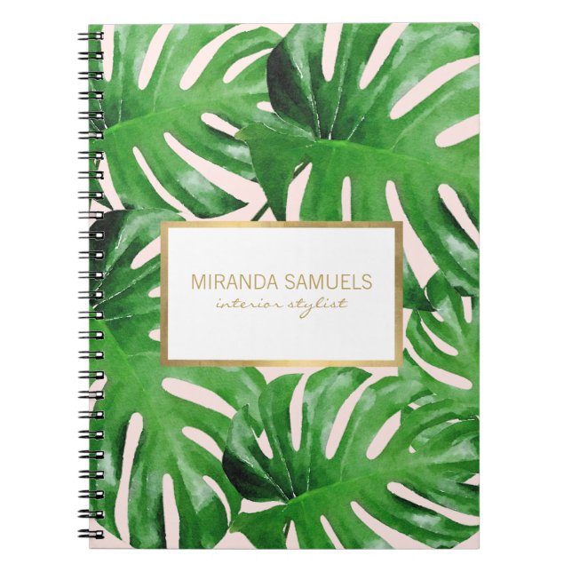 Watercolor Tropical Monstera Leaves Pattern Pink Notebook (Front)