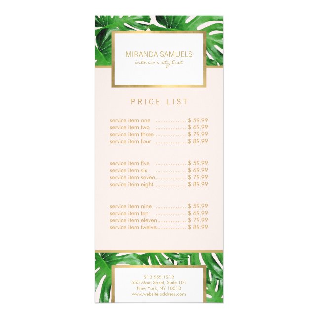 Watercolor Tropical Monstera Leaves Pattern Pink Rack Card (Front)