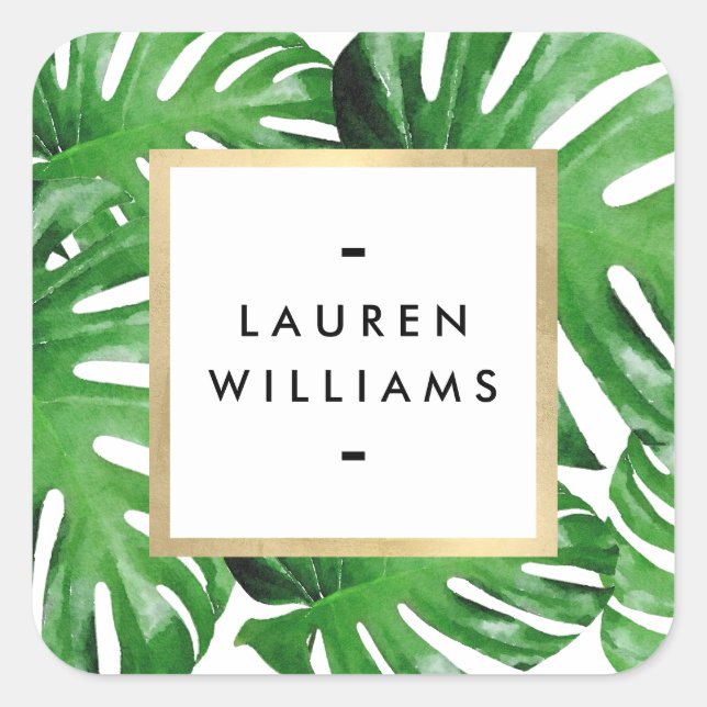 Watercolor Tropical Monstera Leaves Square Sticker (Front)