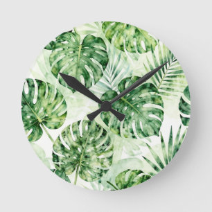 Watercolor Tropical Monstera Palm Leaves Pattern Round Clock