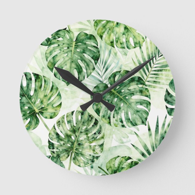 Watercolor Tropical Monstera Palm Leaves Pattern Round Clock (Front)