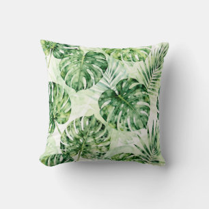 Watercolor Tropical Monstera Palm Leaves Pattern Throw Pillow
