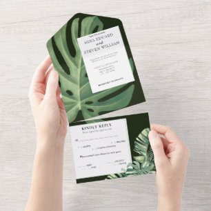 Watercolor tropical Monstera Wedding all in one All In One Invitation