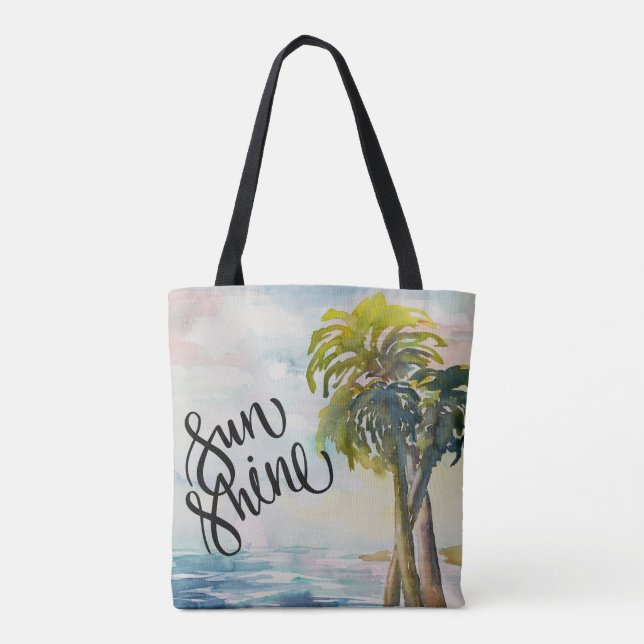 Watercolor Tropical Ocean Palm Trees Leaves Tote Bag (Back)