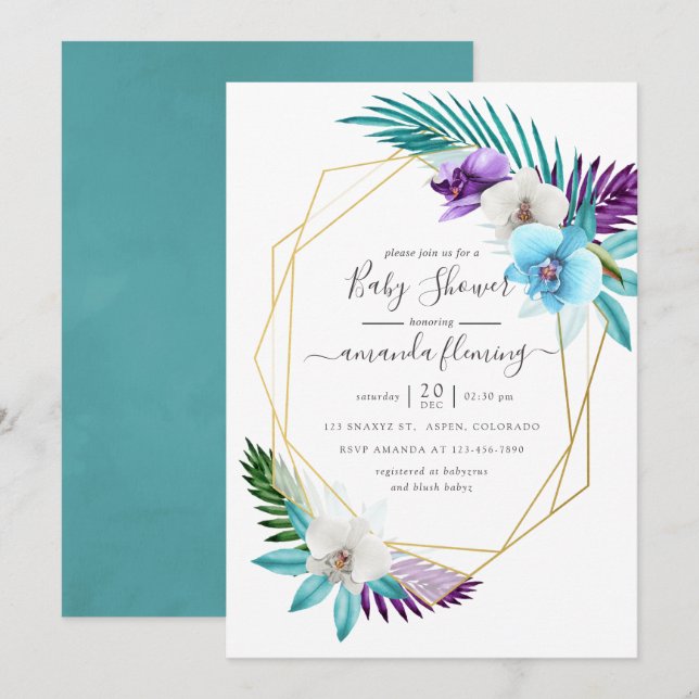 Watercolor Tropical Orchids Geometric Baby Shower Invitation (Front/Back)
