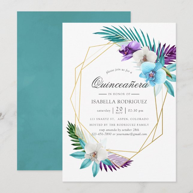 Watercolor Tropical Orchids Geometric Quinceañera Invitation (Front/Back)