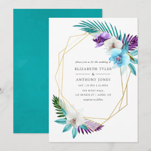 Watercolor Tropical Orchids Geometric Wedding Invitation