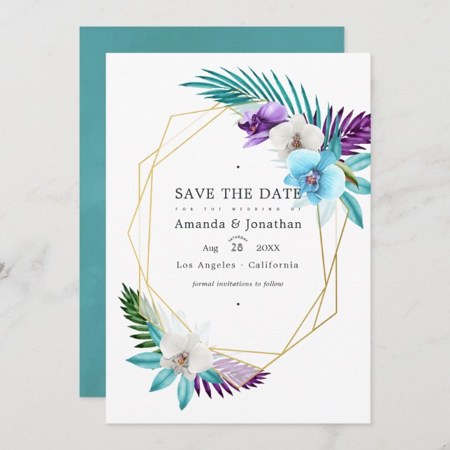 Watercolor Tropical Orchids Geometric Wedding Save The Date (Front/Back)