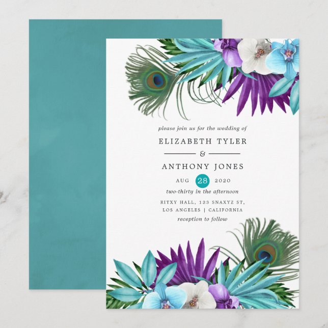 Watercolor Tropical Orchids Peacock Wedding Invitation (Front/Back)