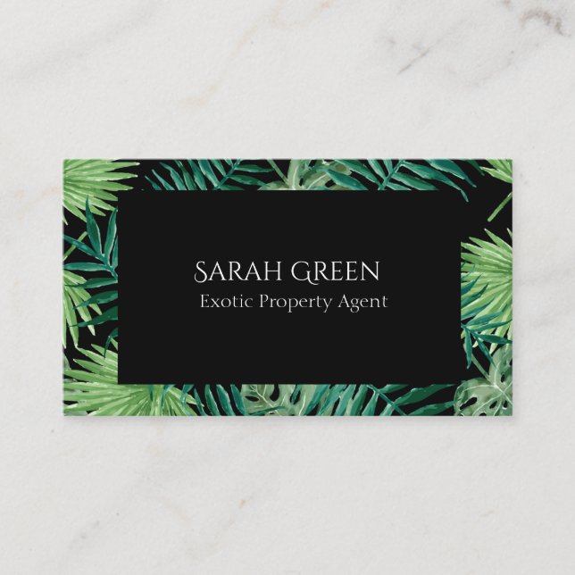 Watercolor Tropical Palm Greenery Leaves Black Business Card (Front)