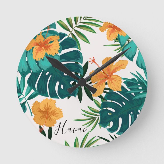Watercolor Tropical Palm,Hawaiian Hibiskus Round Clock (Front)